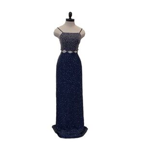 ANDRETTA DONATELLO Fully Beaded Midnight Blue‎ Formal Maxi Silk Dress - Size XS